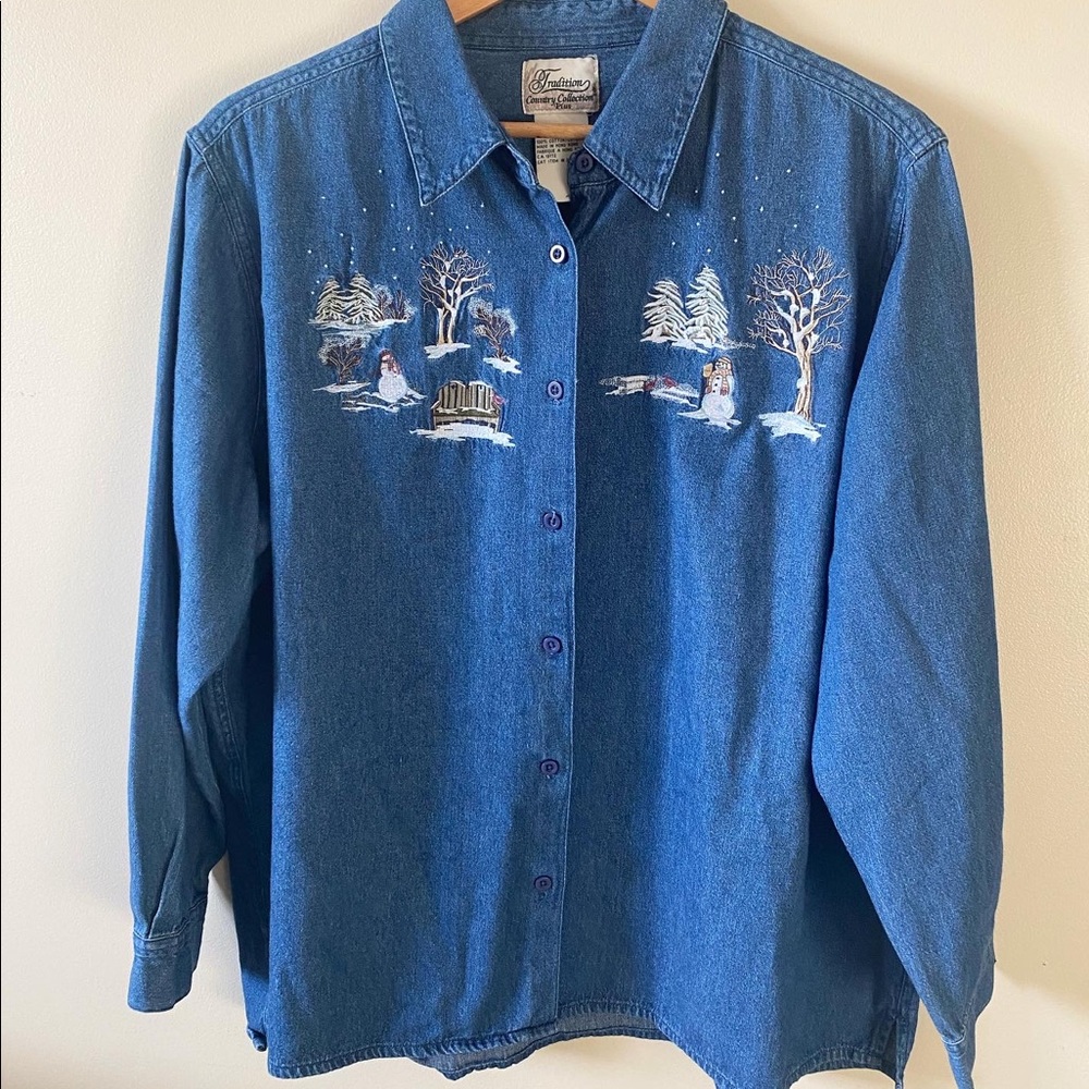Vintage Christmas denim button up shirt